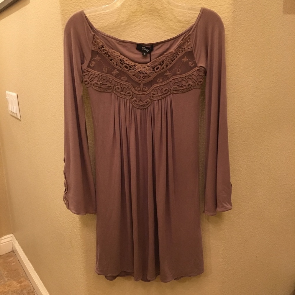 NWT-Vintage SKY Women Crochet Taupe Long Sleeve Dress Size Small